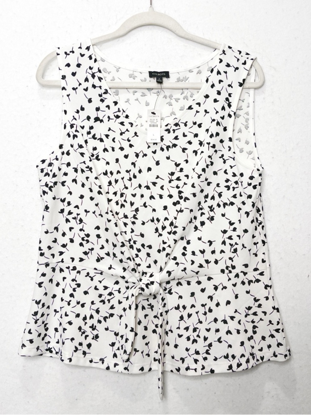 Talbots Tie Front Tank  Petal Print Black and White Sleeveless Top Accent V-neck - Picture 3 of 8